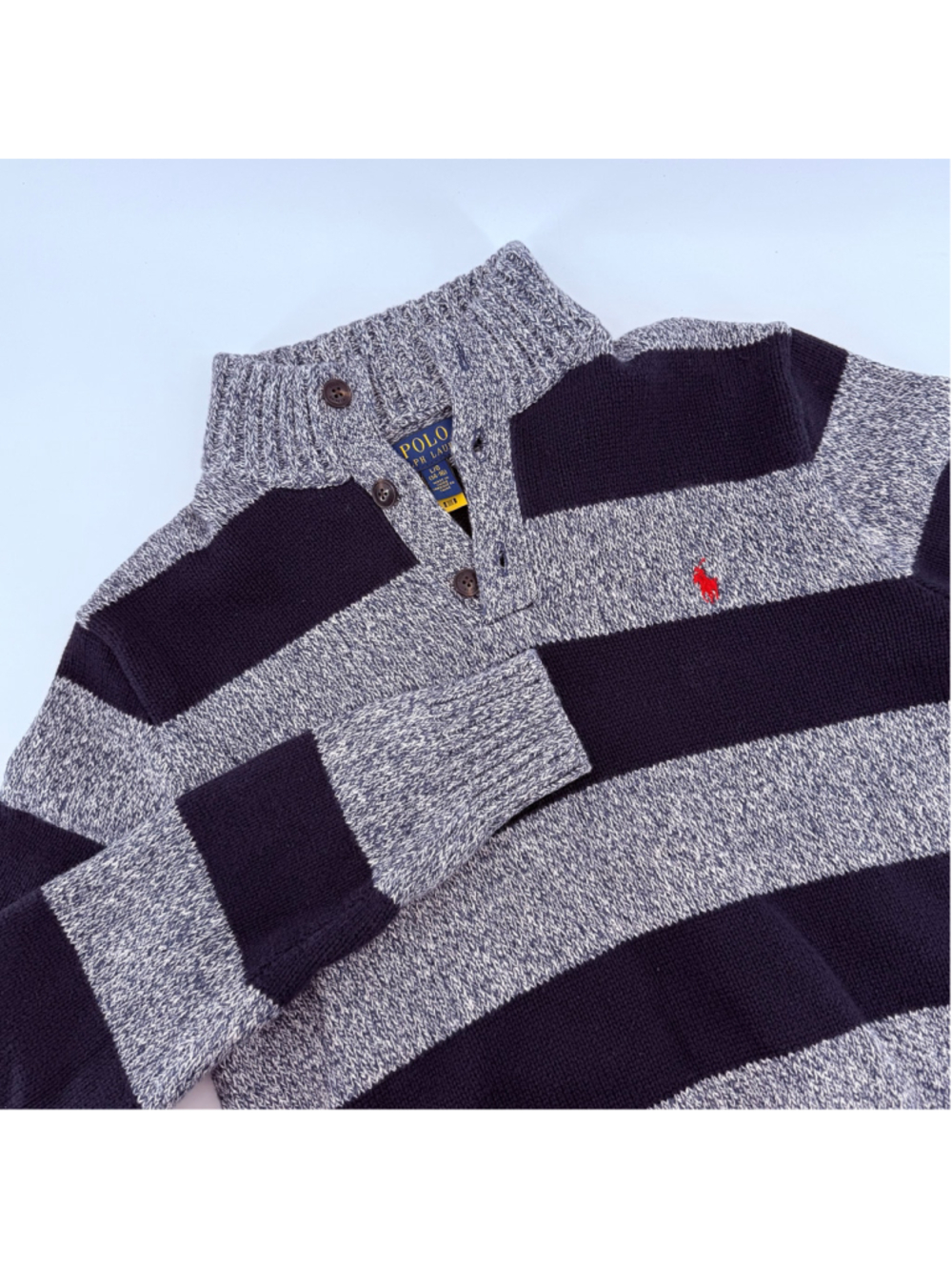 Polo Ralph Lauren Boy’s Navy Blue Striped Mock Neck Button Sweater‎ Size Large